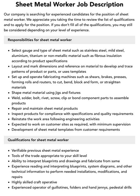 sheet metal journeyman job description|hvac sheet metal job description.